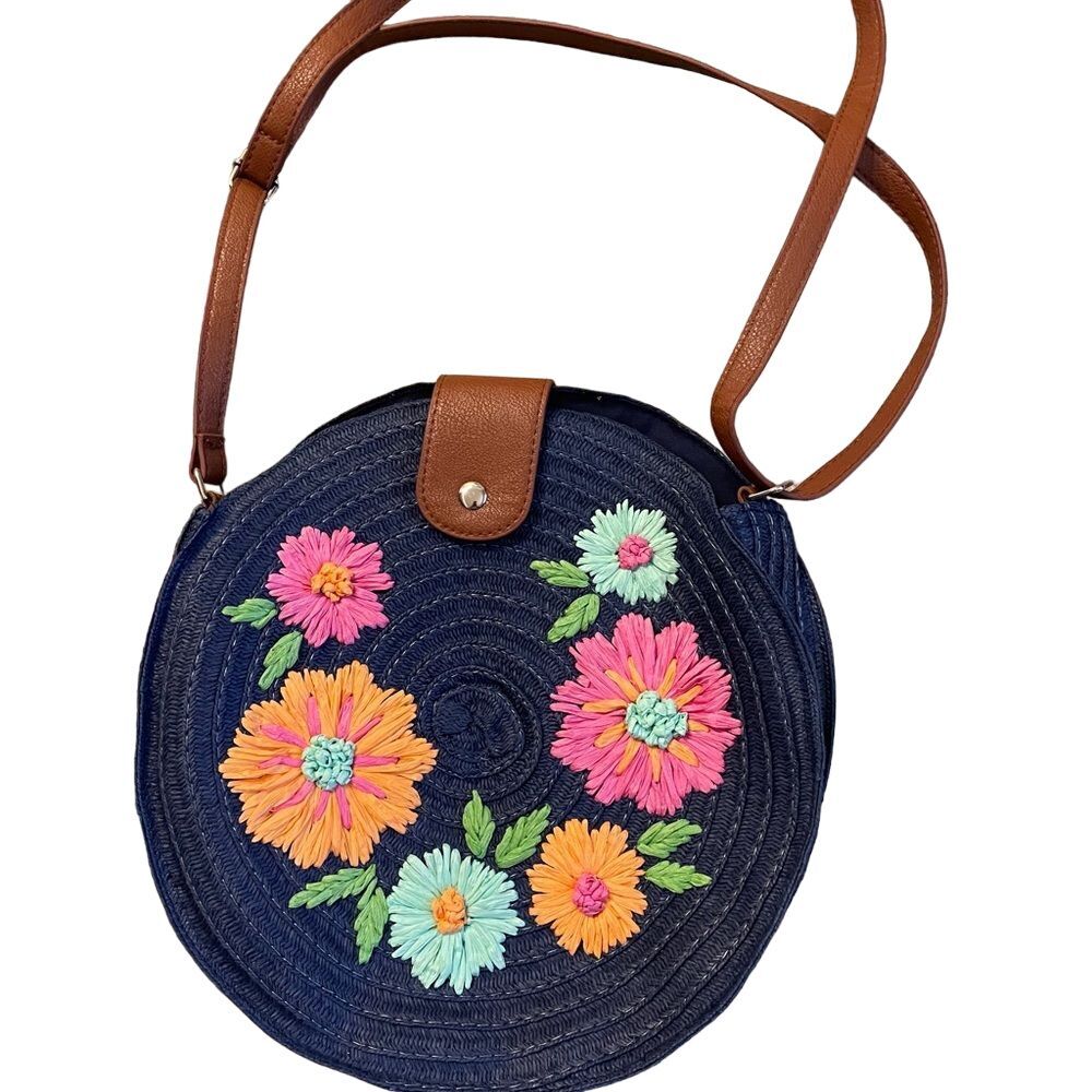 Round Straw‎ Crossbody Bag Floral Embroidered Shoulder Bag Purse